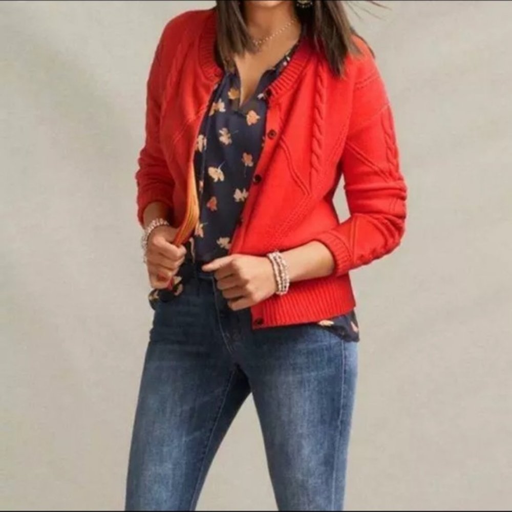 CAbi Citrus Orange Cable Knit Cardigan Sweater Sm